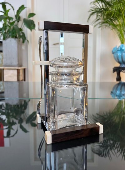 Art Deco modernist condiment server - Crystal and Macassar Ebony