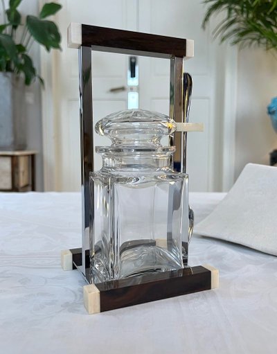 Art Deco modernist condiment server - Crystal and Macassar Ebony