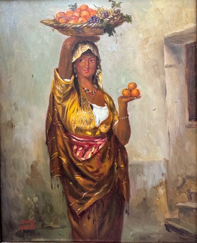 Scuola francese, donna con cesto di frutta