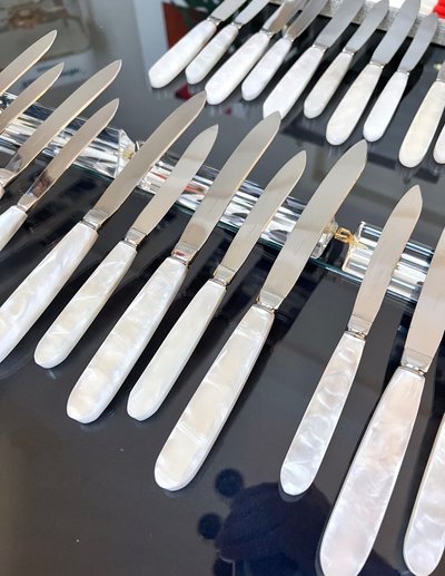12 Vintage table knives and 12 dessert knives - Mother-of-pearl-effect handles and stainless steel blades