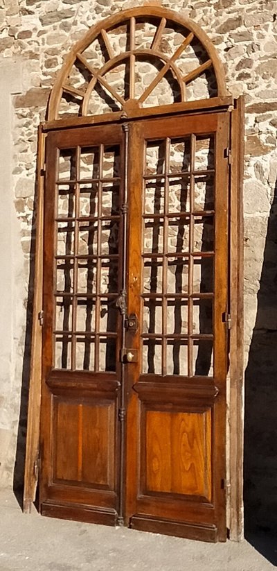 Double porte vitrée ancienne en chêne Orangerie avec son imposte cintrée
