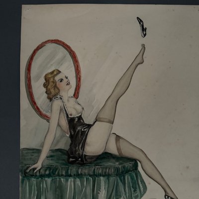 Dessin 1900 jeune femme sur un sofa