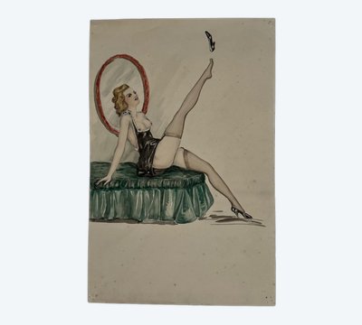 Dessin 1900 jeune femme sur un sofa