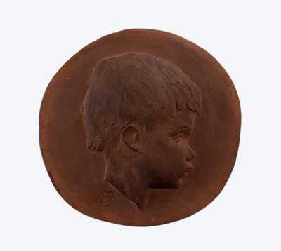 Medaglione in terracotta di Charles Filleul, profilo di un bambino, XX secolo