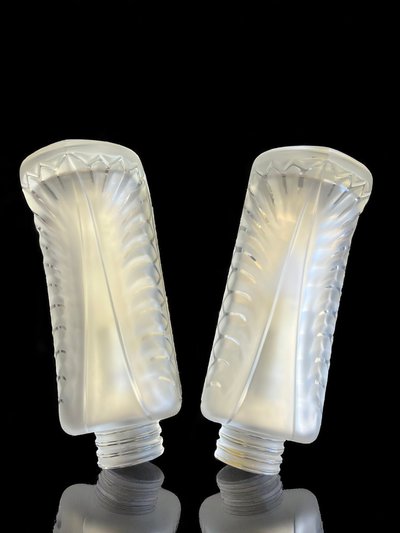 LALIQUE FRANCE PAIR OF MOLDED CRYSTAL "PALME" SCONCES (SIGNED)