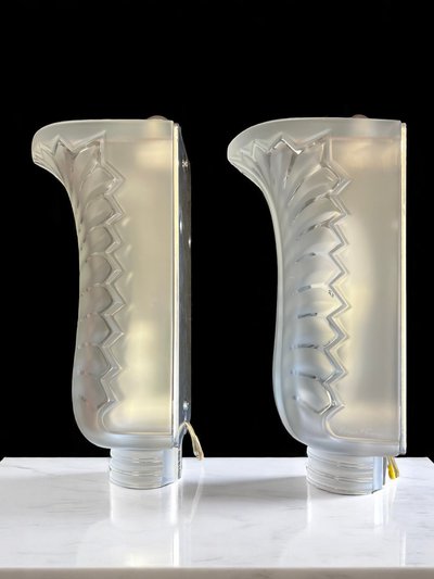 LALIQUE FRANCE PAIR OF MOLDED CRYSTAL "PALME" SCONCES (SIGNED)