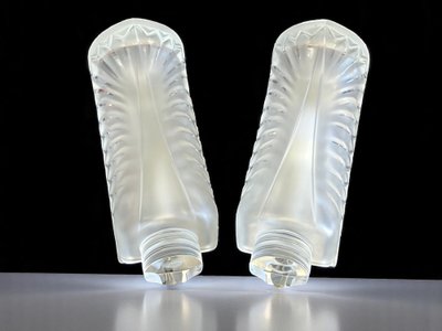 LALIQUE FRANCE PAIR OF MOLDED CRYSTAL "PALME" SCONCES (SIGNED)