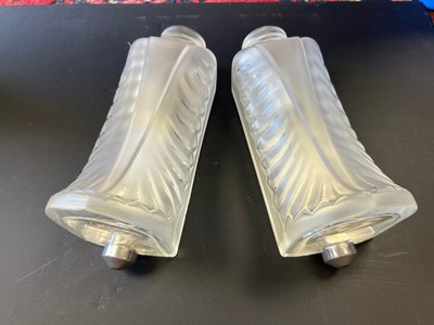 LALIQUE FRANCE PAIR OF MOLDED CRYSTAL "PALME" SCONCES (SIGNED)