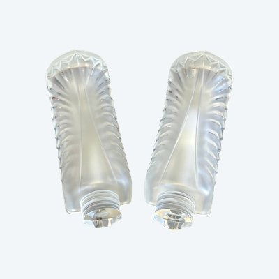 LALIQUE FRANCE PAIR OF MOLDED CRYSTAL "PALME" SCONCES (SIGNED)