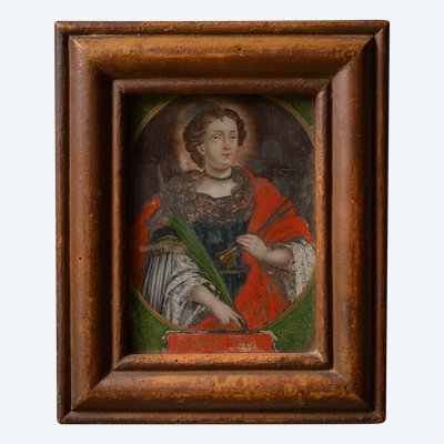 Peinture sur verre représentant Sainte Ursule 