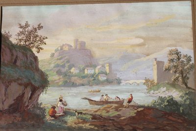 Gouache auf Papier Belebte Landschaft mit Fischern an einem Flussufer und Dorf Epoche 19.