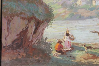 Gouache auf Papier Belebte Landschaft mit Fischern an einem Flussufer und Dorf Epoche 19.