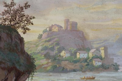 Gouache auf Papier Belebte Landschaft mit Fischern an einem Flussufer und Dorf Epoche 19.