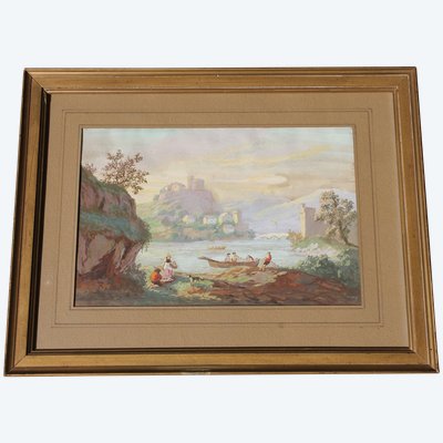 Gouache auf Papier Belebte Landschaft mit Fischern an einem Flussufer und Dorf Epoche 19.