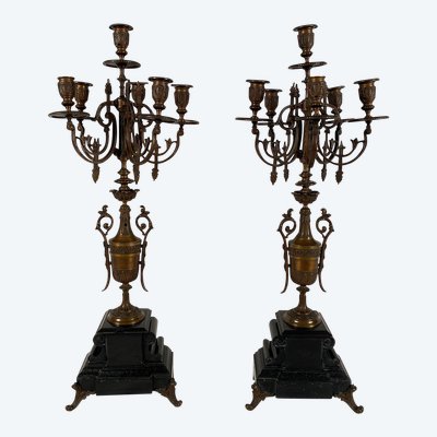 Grande coppia di candelabri in bronzo e marmo, XIX secolo