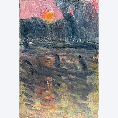 Ecole Française Impressionniste - Setting sun on the river, circa 1890