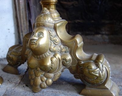 Pair of large Royalist andirons with marmosets, Louis XIV style