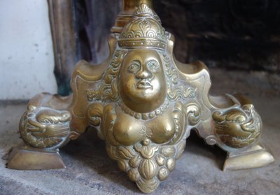 Pair of large Royalist andirons with marmosets, Louis XIV style