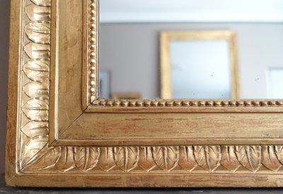 Grand miroir de cheminée Louis XVI Directoire doré à l'or fin, glace au mercure - 161cm x 102,5cm