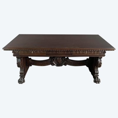 Grande scrivania in stile rinascimentale in legno massiccio, fine XIX/inizio XX secolo