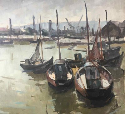 Pittura Piet VOLCKAERT (1902-1973) HST Barche Porto industriale Urban marine