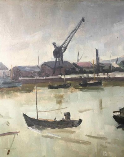 Pittura Piet VOLCKAERT (1902-1973) HST Barche Porto industriale Urban marine