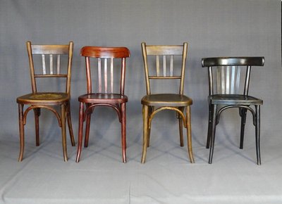 Set of 4 mismatched 1930 bistro chairs with wooden seats, Baumann, Fischel etc.