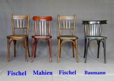 Set of 4 mismatched 1930 bistro chairs with wooden seats, Baumann, Fischel etc.