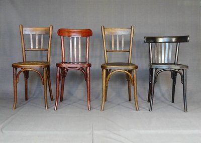 Set of 4 mismatched 1930 bistro chairs with wooden seats, Baumann, Fischel etc.