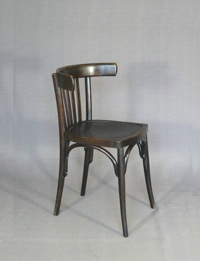 Set of 4 mismatched 1930 bistro chairs with wooden seats, Baumann, Fischel etc.