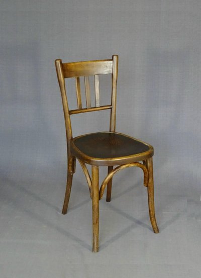 Set of 4 mismatched 1930 bistro chairs with wooden seats, Baumann, Fischel etc.