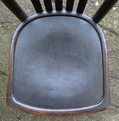 Set of 4 mismatched 1930 bistro chairs with wooden seats, Baumann, Fischel etc.