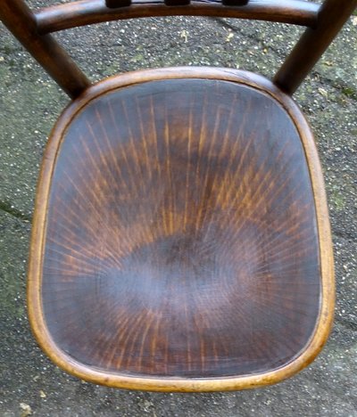 Set of 4 mismatched 1930 bistro chairs with wooden seats, Baumann, Fischel etc.