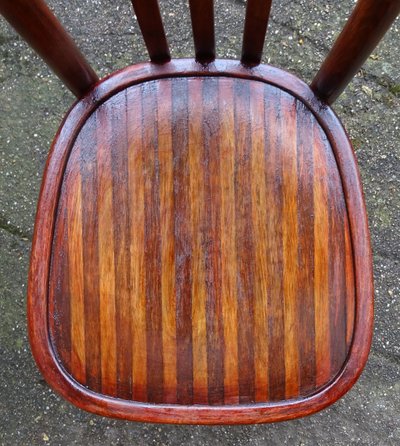 Set of 4 mismatched 1930 bistro chairs with wooden seats, Baumann, Fischel etc.