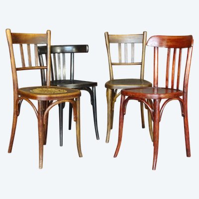 Set of 4 mismatched 1930 bistro chairs with wooden seats, Baumann, Fischel etc.