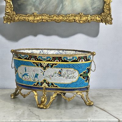 JULES VIEILLARD A BORDEAUX / JARDINNIERE EN FAIENCE FINE ORNÉE DE BRONZE DORÉ