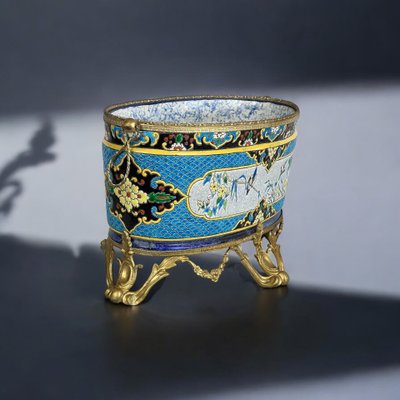 JULES VIEILLARD A BORDEAUX / JARDINNIERE EN FAIENCE FINE ORNÉE DE BRONZE DORÉ