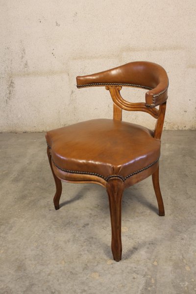 19th century Louis XV style walnut desk armchair upholstered in havana leather