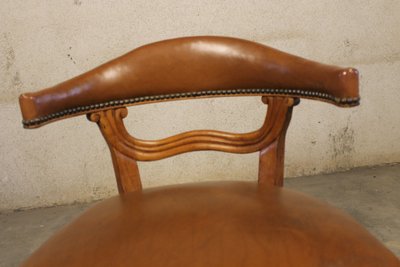 19th century Louis XV style walnut desk armchair upholstered in havana leather