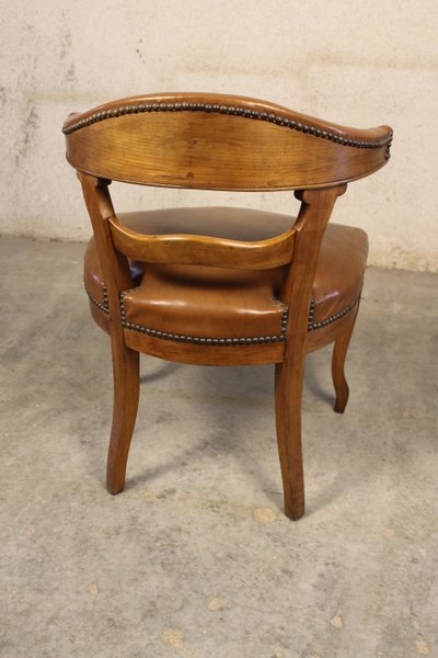 19th century Louis XV style walnut desk armchair upholstered in havana leather