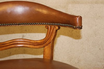 19th century Louis XV style walnut desk armchair upholstered in havana leather