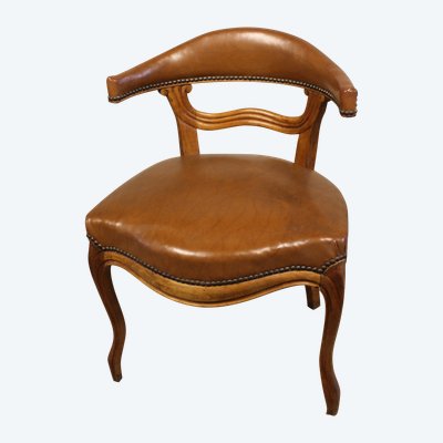 19th century Louis XV style walnut desk armchair upholstered in havana leather