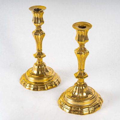 Pair of Gilt Bronze Candlesticks with Crowned C Mark from the Louis XV Period