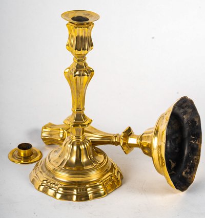 Pair of Gilt Bronze Candlesticks with Crowned C Mark from the Louis XV Period