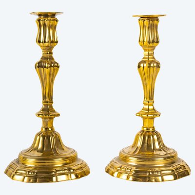 Pair of Gilt Bronze Candlesticks with Crowned C Mark from the Louis XV Period