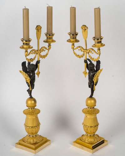 François Louis Savart - Paire de candélabres en bronze à décor d’Amours ailés, époque Empire
