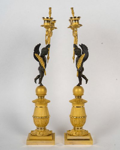 François Louis Savart - Paire de candélabres en bronze à décor d’Amours ailés, époque Empire