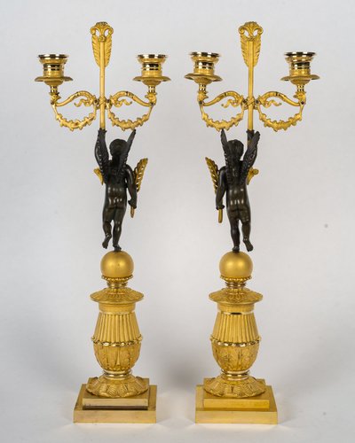 François Louis Savart - Paire de candélabres en bronze à décor d’Amours ailés, époque Empire