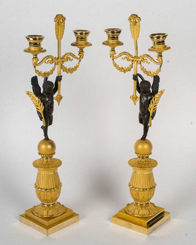 François Louis Savart - Paire de candélabres en bronze à décor d’Amours ailés, époque Empire
