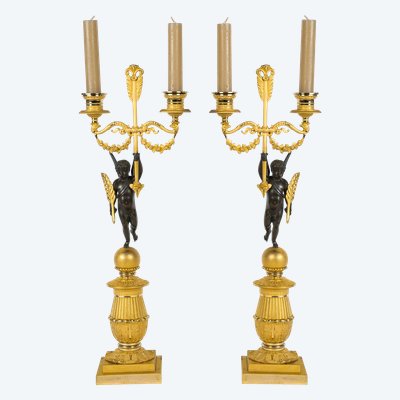 François Louis Savart - Paire de candélabres en bronze à décor d’Amours ailés, époque Empire